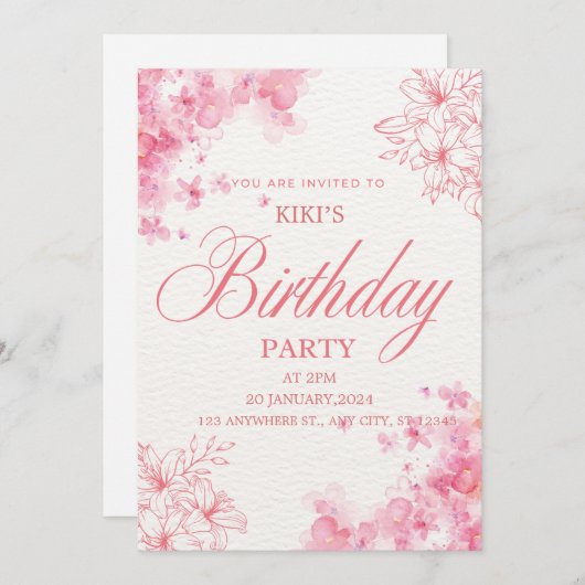 Elegant Pink Floral Birthday Invitation Einladung (Vorne/Hinten)
