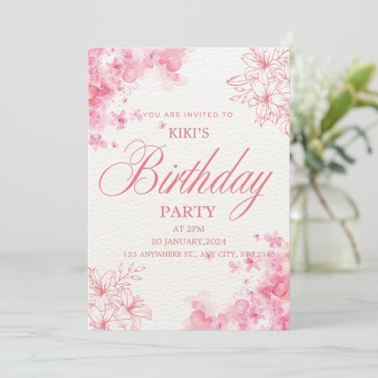 Elegant Pink Floral Birthday Invitation Save The Date (Stehend Vorderseite)