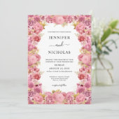 Elegant Pink Floral Border Boho Hochzeit Einladung (Stehend Vorderseite)