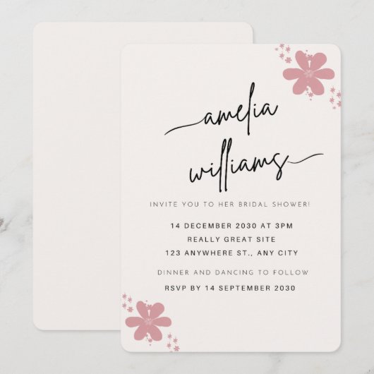 Elegant Pink Floral Bridal Shower Invitation - Cus Einladung (Vorne/Hinten)