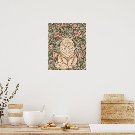 Elegant Pink Floral Cat Poster William Morris Art (Küche)