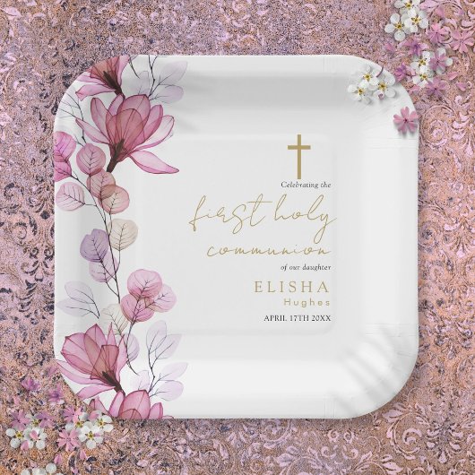 Elegant Pink Floral First Holy Communion Pappteller