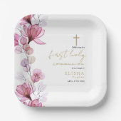 Elegant Pink Floral First Holy Communion Pappteller (Vorderseite)