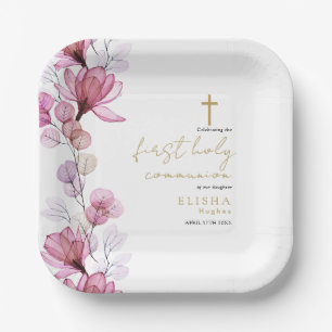 Elegant Pink Floral First Holy Communion Pappteller