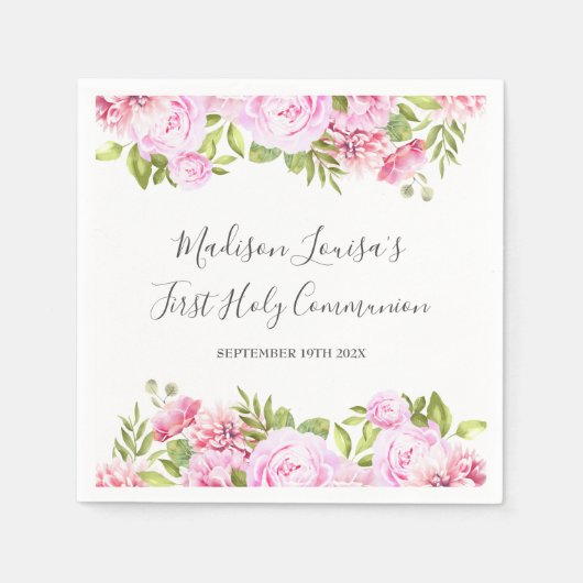 Elegant Pink Floral First Holy Communion Serviette (Vorderseite)