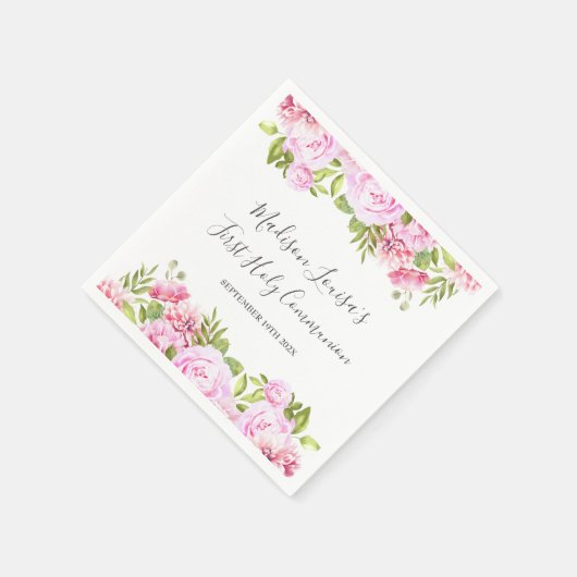 Elegant Pink Floral First Holy Communion Serviette (Ecke)
