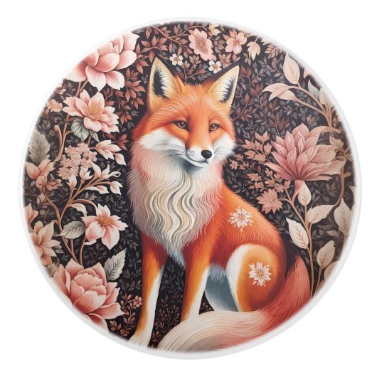 Elegant Pink Floral Fox William Morris Inspired Keramikknauf (Vorderseite)