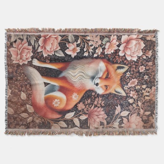 Elegant Pink Floral Fox William Morris Inspiriert Decke (Vorderseite)
