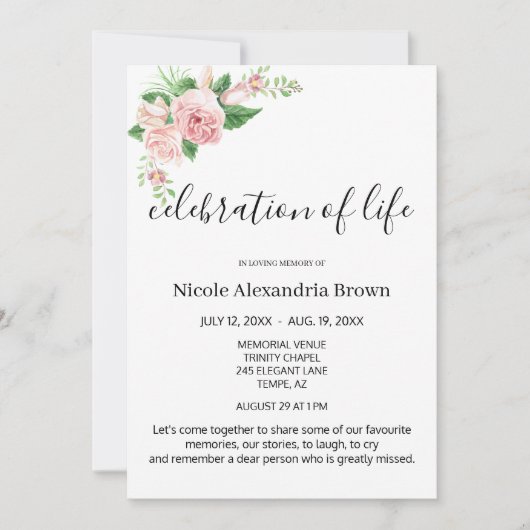 Elegant Pink Floral Geschmackvolle Feier Beerdigun Einladung (Vorderseite)