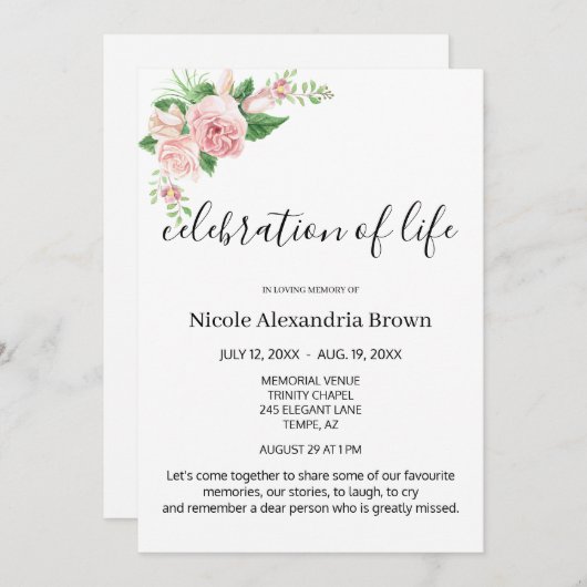 Elegant Pink Floral Geschmackvolle Feier Beerdigun Einladung (Vorne/Hinten)