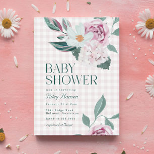 Elegant Pink Floral Gingham Girl Baby Shower Einladung