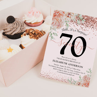 Elegant Pink Floral & Glitzer 70. Geburtstagsparty Einladung