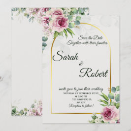 Elegant Pink Floral Gold Arch Wedding Invitation Einladung