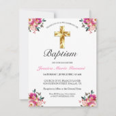 Elegant PInk Floral Gold Cross Taufen Einladung (Vorderseite)
