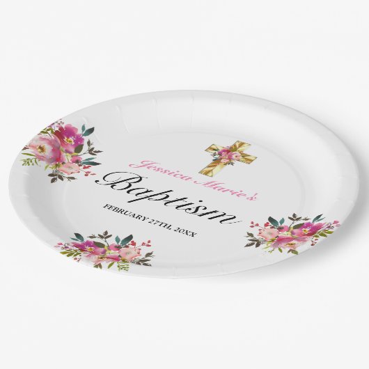 Elegant PInk Floral Gold Cross Taufen Pappteller (Schrägansicht)