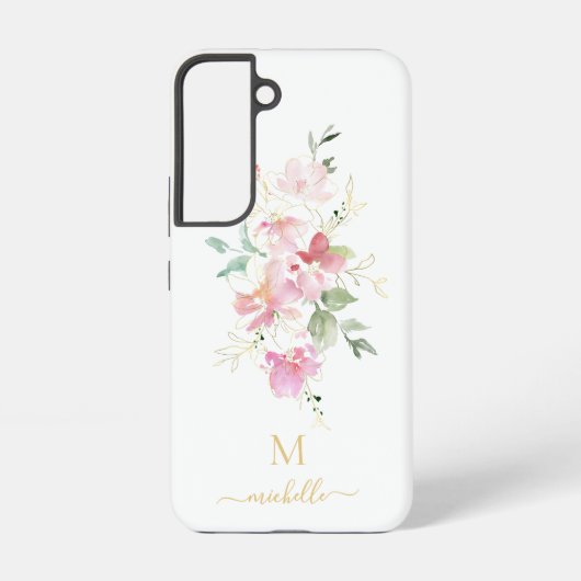 Elegant Pink Floral Gold Script Monogram Samsung Galaxy Hülle (Rückseite)