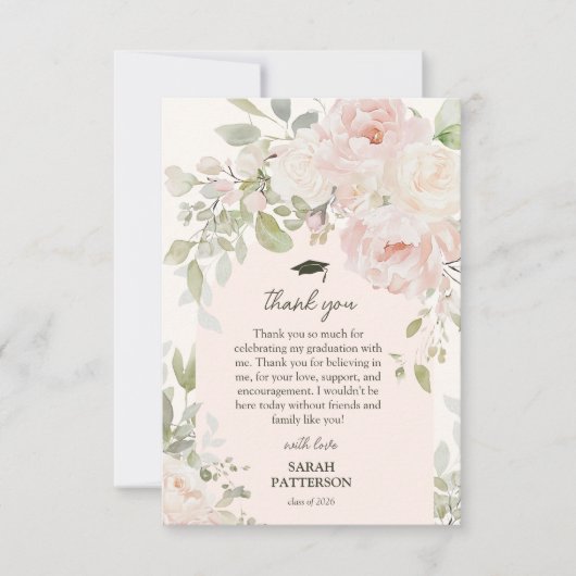 Elegant Pink Floral Graduation Dankeskarte (Vorderseite)
