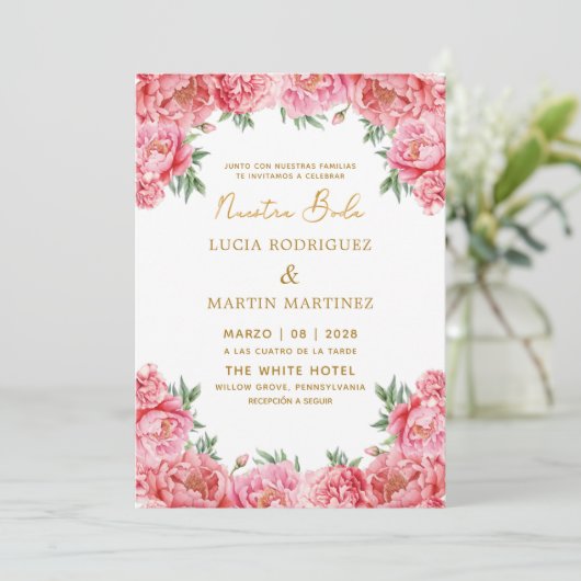 Elegant Pink Floral Nuestra Boda Einladung (Stehend Vorderseite)
