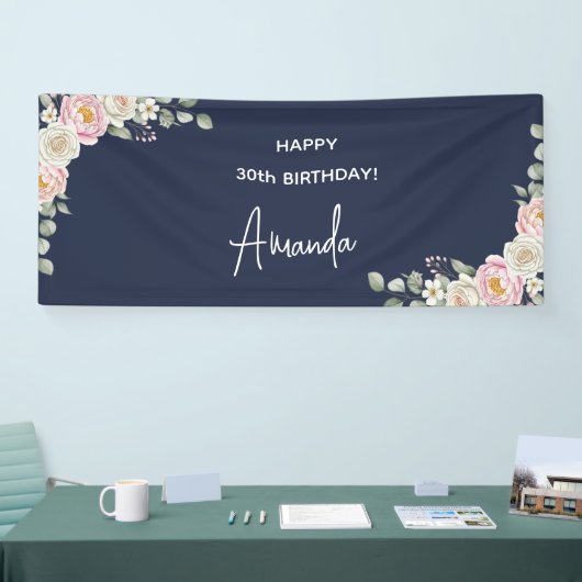 Elegant Pink Floral Personalized Birthday Banner (Messe)