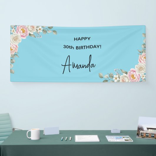 Elegant Pink Floral Personalized Birthday Banner (Messe)