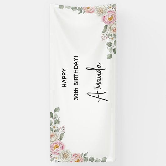 Elegant Pink Floral Personalized Birthday Banner (Vertikal)