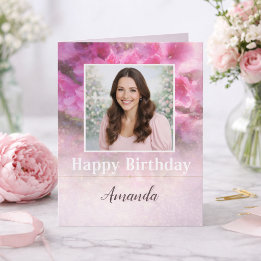 Elegant Pink Floral Photo Birthday for Her Karte