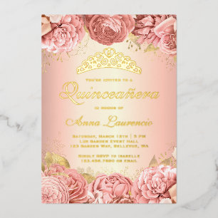 Elegant Pink Floral Quinceanera 15. Geburtstag Folieneinladung