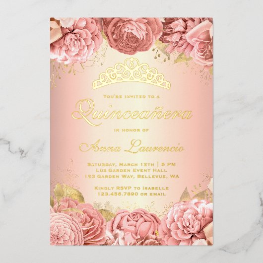 Elegant Pink Floral Quinceanera 15. Geburtstag Folieneinladung (Vorderseite)