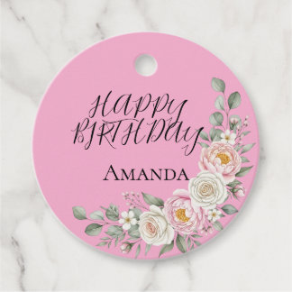 Elegant Pink Floral Round Personalized Favor Tag Geschenkanhänger