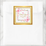 Elegant Pink Floral Thank You Wedding Favor Quadratischer Aufkleber<br><div class="desc">Elegant Pink Floral Thank You Wedding Favor Square Sticker. Elegant Pink Floral & Gold Frame Thank You Stickers - Personalized Square Wedding Favor Labels. Add a touch of vintage elegance to your special event with these beautiful square "Thank You" stickers. Featuring a delicate pink rose and peony floral design accented...</div>