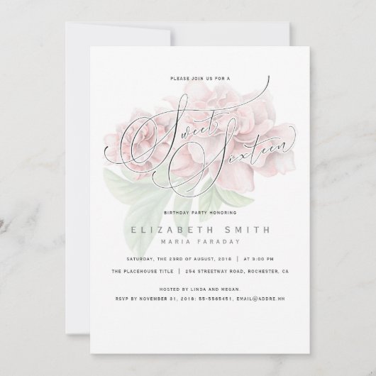 Elegant Pink Floral Typografie Sweet 16 Birthday Einladung (Vorderseite)