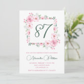 Elegant Pink Floral Watercolor 87. Geburtstag Einladung (Stehend Vorderseite)