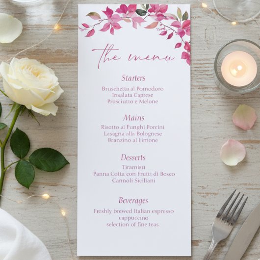 Elegant Pink Floral Watercolor Wedding Menükarte
