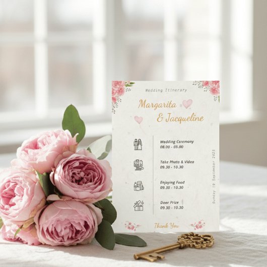 Elegant Pink Floral Wedding Itinerary Timeline Begleitkarte