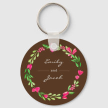 Elegant Pink Floral Wreath Brown Name of Couple