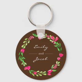 Elegant Pink Floral Wreath Brown Name of Couple Schlüsselanhänger