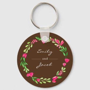 Elegant Pink Floral Wreath Brown Name of Couple Schlüsselanhänger