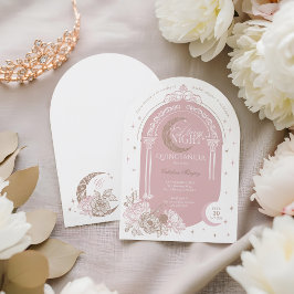 Elegant Pink Florals Moon Stars Tiara Quinceañera Einladung