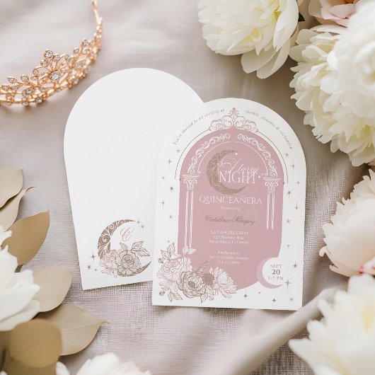 Elegant Pink Florals Moon Stars Tiara Quinceañera Einladung