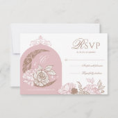 Elegant Pink Florals Moon Stars Tiara Quinceañera RSVP Karte (Vorderseite)
