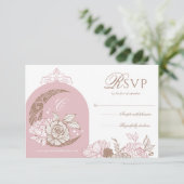 Elegant Pink Florals Moon Stars Tiara Quinceañera RSVP Karte (Stehend Vorderseite)