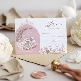 Elegant Pink Florals Moon Stars Tiara Quinceañera RSVP Karte