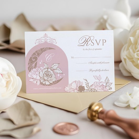 Elegant Pink Florals Moon Stars Tiara Quinceañera RSVP Karte