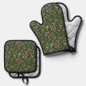 Elegant Pink Flower Pattern on Dark Background Ofenhandschuh & Topflappen-Set (Vorderseite/Rückseite)