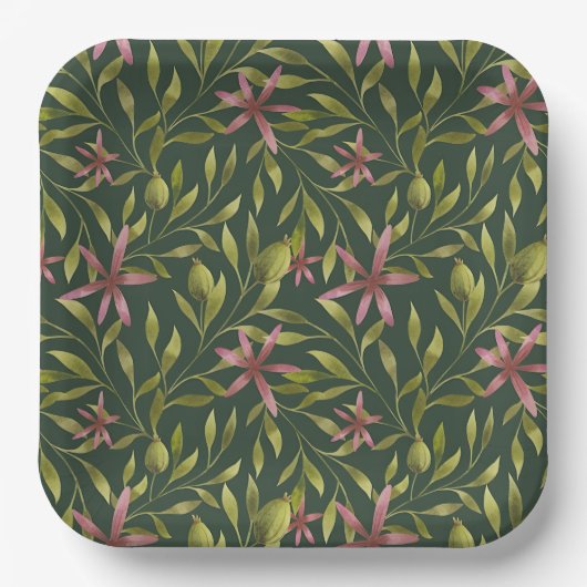 Elegant Pink Flower Pattern on Dark Background Pappteller (Vorderseite)