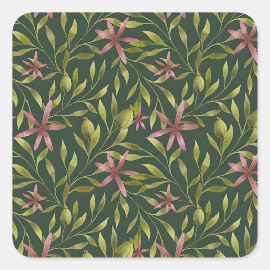 Elegant Pink Flower Pattern on Dark Background Quadratischer Aufkleber (Vorderseite)