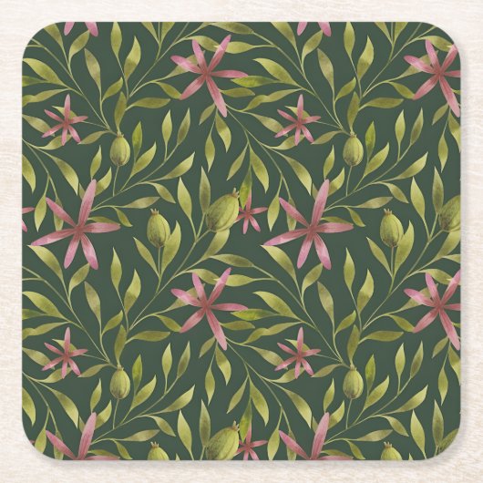 Elegant Pink Flower Pattern on Dark Background Rechteckiger Pappuntersetzer (Vorderseite)