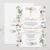 Elegant Pink Flowers Gold Greenery Dedication Einladung (Vorne/Hinten)