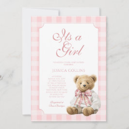 Elegant Pink Gingham Bear It's a Girl Baby Shower Einladung