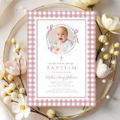 Elegant Pink Gingham Bow Photo Girl Baptism Einladung